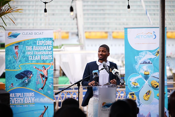 Lincoln Deal II, co-founder of Clear Boats Bahamas, speaks at the businesses official opening event yesterday. Photos: Chappell Whyms Jr