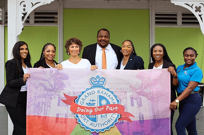 Fatima Zahra Kaboub, chair of the Freeport’s Got Talent Committee (third from the left), along with His Excellency Kevin Tomlinson, Ambassador-at-Large for Cultural Affairs, Bahamas, announces that the event is free and will take place at Port Lucaya Marketplace on Friday. Photo: Denise Maycock