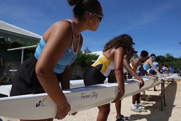 The dedication ceremony of a new eight-person boat donated by the Sandals Foundation to The Nassau Rowing Club on September 30, 2024. The boat is named “Forever Jilly” in memory of Jill Stewart, the late wife of Sandals Executive Chairman Adam Stewart. Photo: Dante Carrer/Tribune Staff