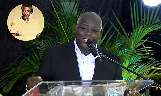 Prime Minister Philip Davis speaks at a renaming ceremony for the Staniel Cay Comprehensive School in Exuma, which was renamed in honour of the late Aurelia Miller (inset) on October 4, 2024.