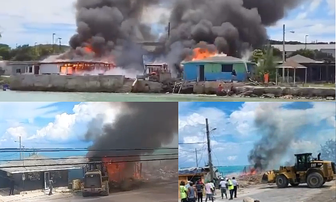 The scene at the Exuma Fish Fry where three stalls were razed by fire on October 4, 2024.