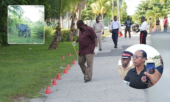 Chief Superintendent Chrislyn Skippings (inset) speaks to reporters at the scene of a suspected hit-and-run where a wheelchair-bound man was found dead on the side of Strachan Boulevard on October 4, 2024.