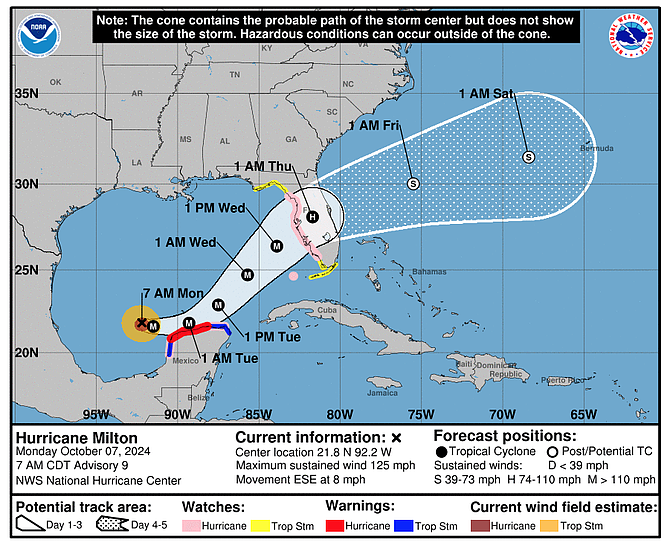 The projected path of Hurricane Milton (NOAA)at 7am on October 7, 2024