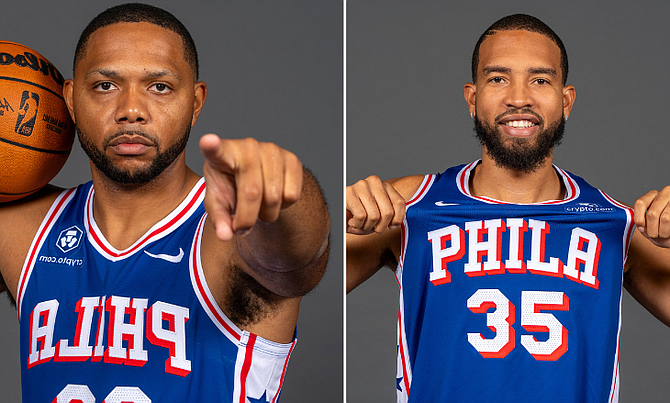 76ers' Eric Gordon (left) and Isaiah Mobley pose during the team's media day.