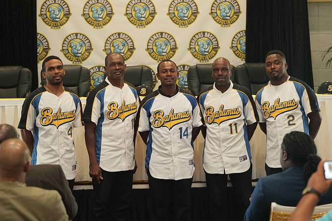 Shown, from left to right, the coaching staff and management team for Team Bahamas at the sixth Caribbean Baseball Cup includes Trae Sweeting, Kenneth Adderley, Geron Sands, Mario Ford and Albert Cartwright Jr. Photo: Nikia Charlton