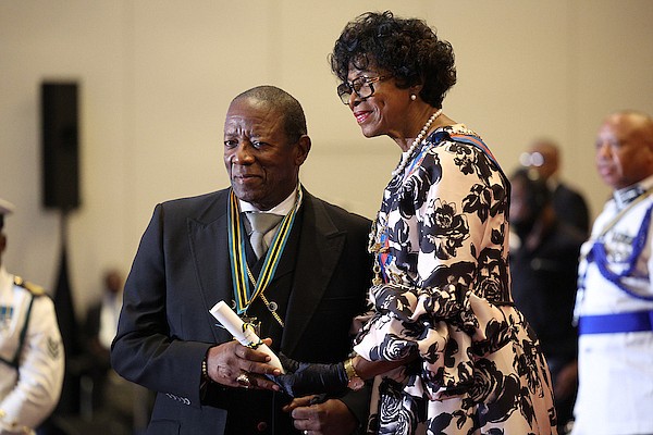 Governor General Cynthia "Mother" Pratt presents The Order of The Bahamas (Companion) to Bishop Walter Hanchell during the Investiture and Conferment of National Honours ceremony at Baha Mar on October 14, 2024. Photo: Dante Carrer/Tribune Staff