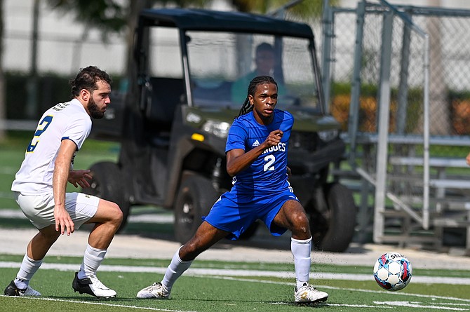 University of The Bahamas Mingoes soccer players in action against Millennia Atlantic University at Doral Meadow Park Football Field in Doral, Florida, October 17. Mingoes fell 6-0.