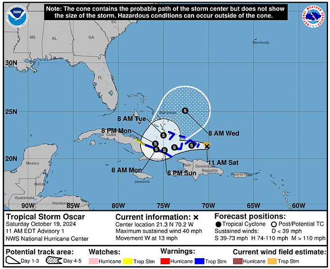 The forecasted track of Tropical Storm Oscar as of 11am on October 19, 2024.