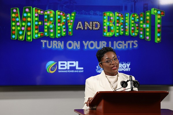 Minister of Energy and Transport JoBeth Coleby-Davis during a press conference to announce the launch of BPL’s holiday reconnection program at the Office of The Prime Minister yesterday. Photos: Dante Carrer/Tribune Staff