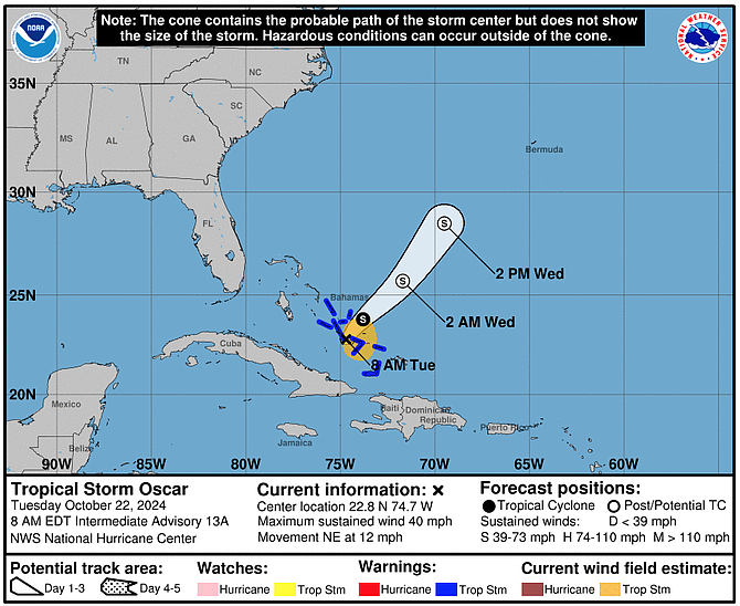 The forecasted track of Tropical Storm Oscar as at 8am on October 22, 2024.