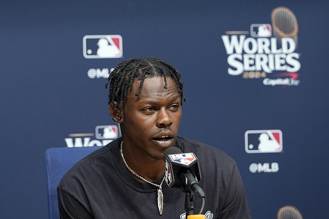 Jasrado “Jazz” Chisholm Jr answers a question during a news conference before Game 2 of the Major League Baseball World Series on Saturday, October 26, 2024, in Los Angeles. (AP Photo/Godofredo A Vásquez)