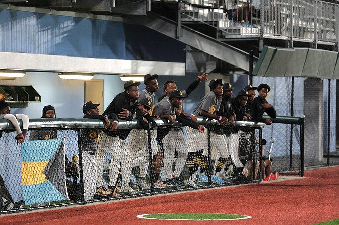 Team Bahamas players in the dugout. Photo Nikia Charlton