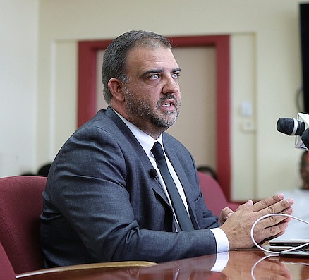 Minister of Works and Family Island Affairs Clay Sweeting speaks to reporters during a press conference at the Ministry of Works on July 17, 2024. Photo: Dante Carrer/Tribune Staff