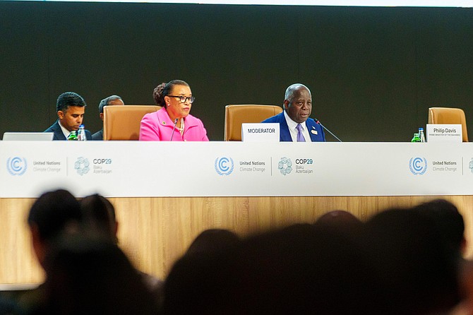 Prime Minister Philip ‘Brave’ Davis addresses the Leader’s Summit of SIDS on Climate Change yesterday at COP29 in Baku, Azerbaijan yesterday.
Photo: BIS