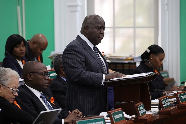 Prime Minister Philip Davis addresses parliament on November 27, 2024 following explosive allegations of corruption involving high-ranking Bahamian law enforcement officials, as detailed in a U.S. federal indictment. Photo: Dante Carrer/Tribune