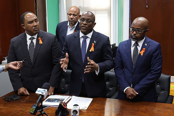 Free National Movement (FNM) deputy leader Shanendon Cartwright, FNM Chairman Dr Duane Sands, Marco City MP and Opposition Leader Michael Pintard and East Grand Bahama MP Kwasi Thompson speak to reporters in the Minority Room of the House of Assembly on November 27, 2024. Photo: Dante Carrer/Tribune Staff