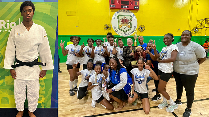 Xavion Johnson (left) and the Government High School (GHS) Magic senior girls volleyball team.