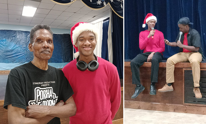 Mr Eisenhower “Mr Ike” Williams (left), drama and dance director at Performing Arts Alive Theatre, and Justin Jean Pierre at last night’s PAAT’s Christmas Show held at the Bishop Michael Eldon Auditorium on Monday evening.  Justin, (wearing a Santa hat) a theatre major on full scholarship at Nova Southeastern University returns to Grand Bahama to perform in PAAT’s Christmas Show.