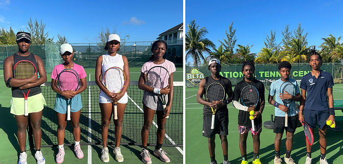 LEFT — Shown, from left to right, BreAnn Ferguson, Sydney Clarke, Simone Pratt and Jalisa Clarke competed in the women’s singles semifinals yesterday. RIGHT - Shown, from left to right, Donte Armbrister, Denali Nottage, William McCartney and Michael Major Jr competed in the men’s singles semifinals of the Giorgio Baldacci Open Tennis Nationals at the National Tennis Centre.