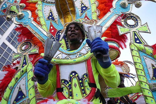 Fancy Dancers in action during the New Year’s Day Junkanoo Parade downtown on January 1, 2025. Photo: Dante Carrer/Tribune Staff