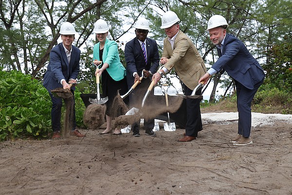 From left, head of construction Peter Darrell, Access Industries representative Annie Wickstrom, Deputy Prime Minister and Minister of Tourism and Aviation Chester Cooper, Two Roads managing partner Taylor Collins and Two Roads Development partner and president Brad Meltzer during the groundbreaking ceremony for Four Seasons Residences on Paradise Island on January 20, 2025. Photo: Dante Carrer/Tribune Staff