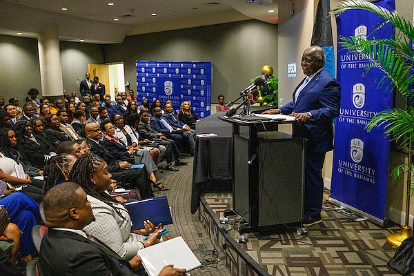 Prime Minister Philip "Brave" Davis speaks during Legal Week hosted by the University of The Bahamas's Law Society at the Harry C Moore Library Auditorium on January 27, 2025. Photo: Dante Carrer/Tribune Staff