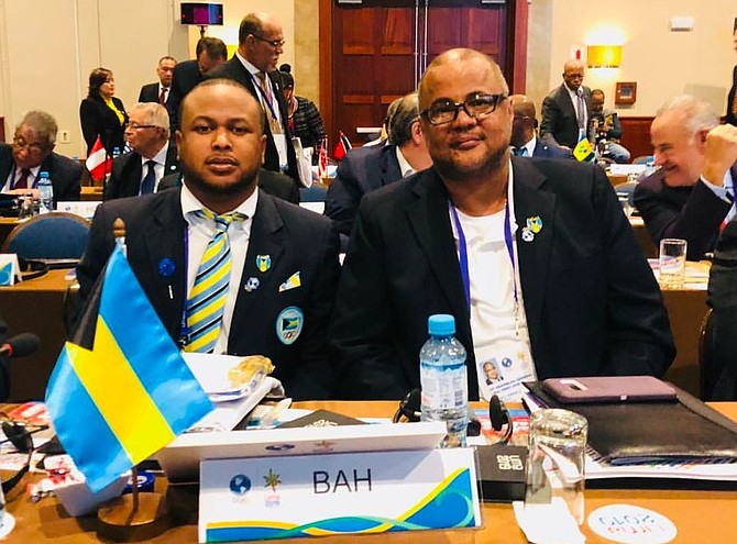 BOS Secretary General Derron Donaldson and president Romell Knowles at the Pan Am General Assembly in Lima, Peru last year.