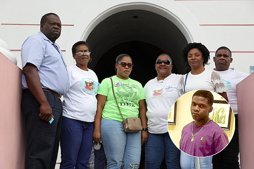 From left are family members of Deangelo Evans (inset photo) - Densil Evans (father), Yvonne Lee (aunt), Vashti Colebrooke (cousin), Beverley Lee-Rolle (mother), Taria Baine (sister) and Pedro Lee (uncle) outside Magistrate Court on September 18, 2024. Photo: Dante Carrer/Tribune Staff