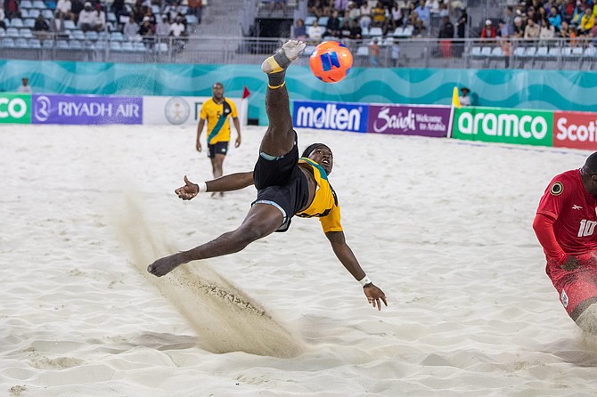 Bahamian forward Brandon Adderley attempts to score for Team Bahamas in last night’s opening game against Panama at the 2025 Concacaf Beach Soccer Championship. Photo: John Marc-Nutt/10th Year Seniors