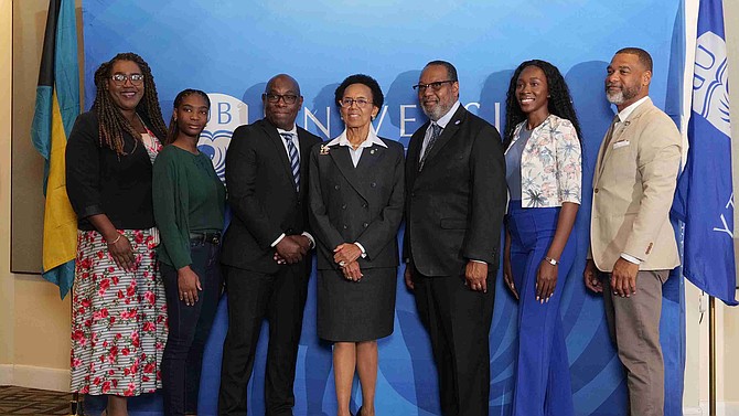 Allyson Maynard Gibson UB Trustee Board chair speaks to the media at the announcement of Dr Robert Blaine III’s selection as UB’s new president.
Photos: Nikia Charlton
