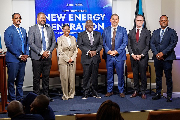 From left are BPL director Ethrin Zonicle, BPL director Samuel Brown, Minister of Energy and Transport JoBeth Coleby-Davis, Prime Minister Philip Davis, CVB Utilities Company director Justin Cunningham, CVB Utilities Company director Cameron Symonette and BPL COO Anthony Christie during the signing of a Power Purchase Agreement (PPA) between the Ministry of Energy and Transport, Bahamas Power and Light and CVB Utilities Company at the Office of The Prime Minister on April 22, 2025. Photo: Dante Carrer/Tribune Staff