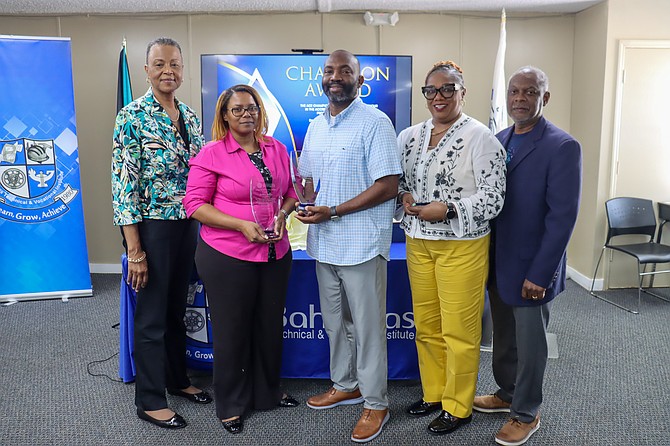 BTVI’s President, Dr. Linda A. Davis (r) along with Accreditation Circle of Excellence (ACE) awardees for April including Jessica Moxey, Spirit of Excellence; Dion Gibson, ACE Champion; Denece Mackey, Star Administrative Professional and BTVI Vice President, Kevin Basden. Missing is Giovanno Rolle, who received the Innovation Award.

Photo: BTVI