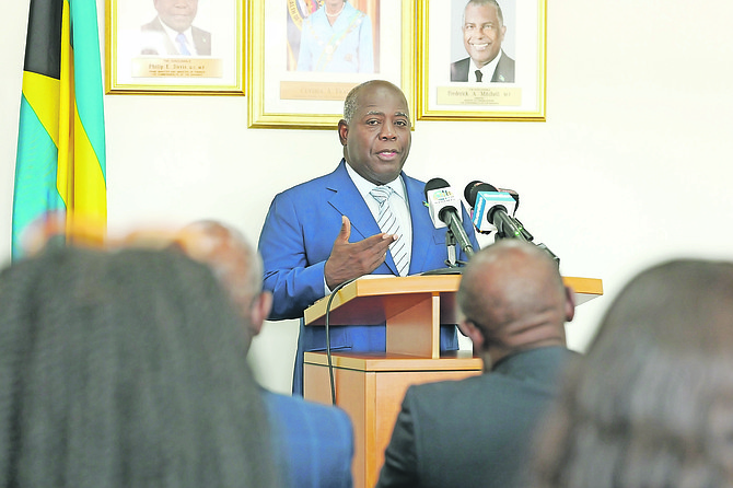 Prime Minister Philip Davis speaks during a press conference at the Lynden Pindling International Airport on May 7, 2025 following Washington, DC meetings with US Secretary of State Marco Rubio and Treasury Secretary Scott Bessent.