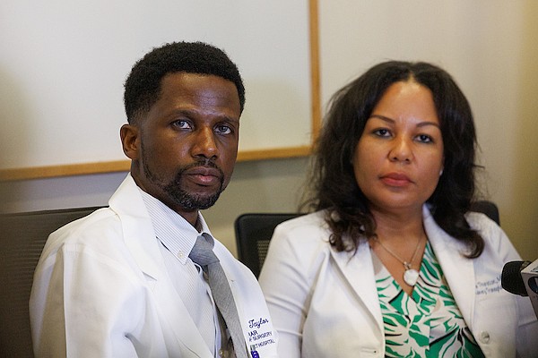 Consultant transplant nephrologist and director of nephrology services at Princess Margaret Hospital Rhea Thurston-Carroll and consultant general and transplant surgeon Dr Vantario Taylor during a press conference at Princess Margaret Hospital to discuss a forthcoming kidney transplant surgery.  Photos: Dante Carrer/Tribune Staff