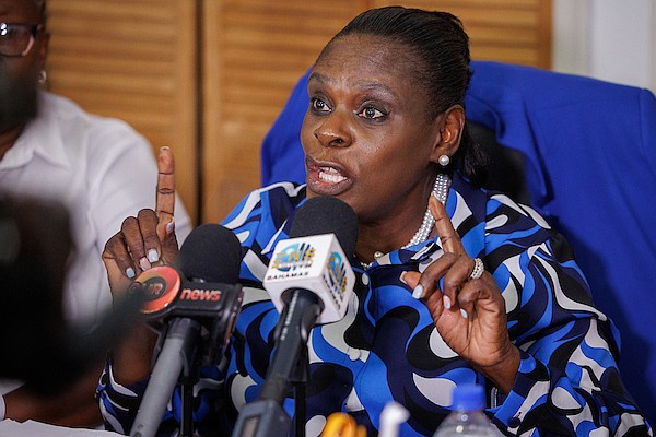 Bahamas Nurses Union (BNU) President Muriel Lightbourn speaks during a press conference at BNU headquarters on July 1, 2025. Photo: Dante Carrer/Tribune Staff