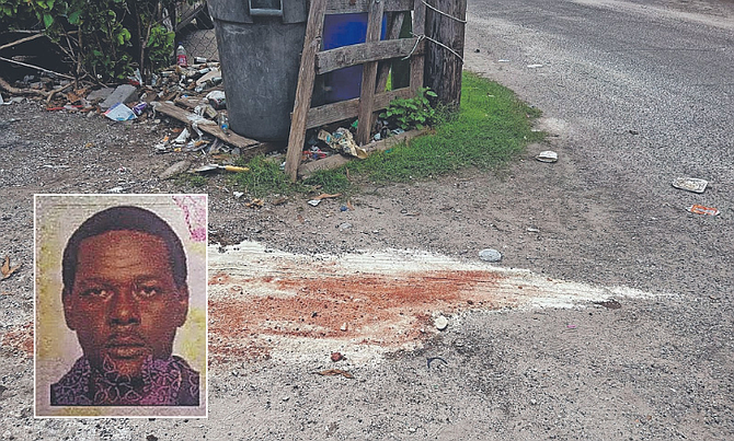 Sand covers blood in a neighbour’s yard in Montel Heights where Quincy Evans died after being attacked with cutlass and gun by his girlfriend’s ex-boyfriend who also injured the woman and her daughter before ending his own life on July 8, 2025.