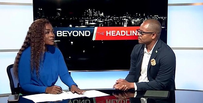 Beyond the Headlines host Shenique Miller questions Sebas Bastian about his political future during a show broadcast on July 8, 2025.