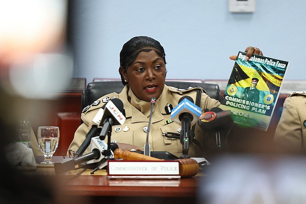 Police Commissioner Shanta Knowles holds a copy of the Commissioner’s Policing Plan as she discusses the crime statistics and other policing matters at a press conference on July 28, 2025. Photo: Dante Carrer/Tribune Staff