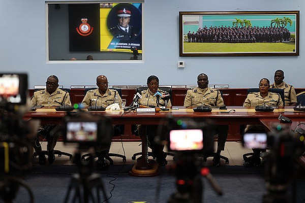 Police Commissioner Shanta Knowles sits at a table with senior officers during a press conference on July 28, 2025. Photo Dante Carrer/Tribune Staff