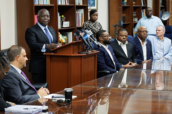 Prime Minister Philip Davis speaks during the San Salvador roadworks & marina redevelopment contract signing between the Ministry of Works and GDA Paving & Construction at the Office of The Prime Minister on July 30, 2025. Photo: Dante Carrer/Tribune Staff