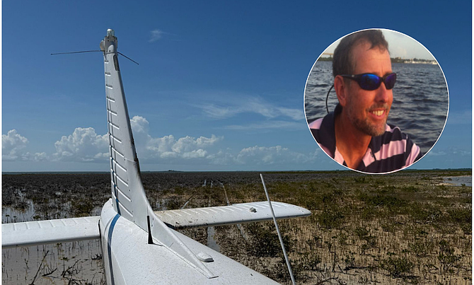 Troy Cornea’s (inset) plane crash-landed in the marsh in Abaco on July 31, 2025.