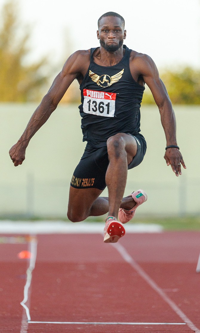 Kaiwan Culmer competing in the men's triple jump at the BAAA's Nationals. 
Photo: Tim Aylen