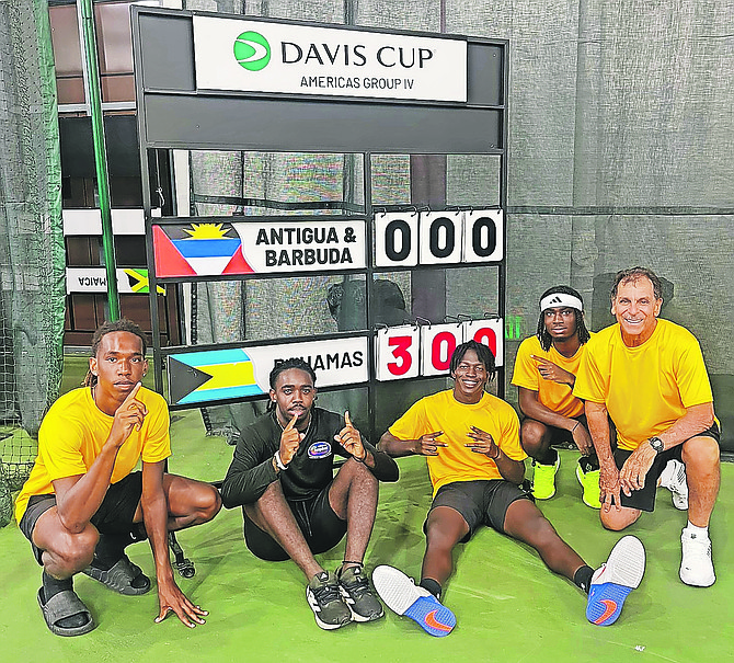 WINNING WAYS: Bahamas team, shown from left to right, Michael Major Jr, Denali Nottage, Donte Armbrister, Kofi Bowe and captain John Antonas celebrating.