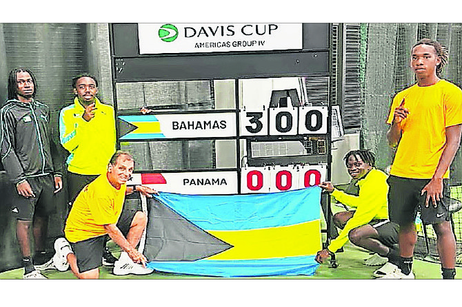 PRACTICE MAKES PERFECT: Bahamas team of Kofi Bowe, Denali Nottage, captain John Antonas, Donte Armbrister and Michael Major Jr after their victory over Panama.