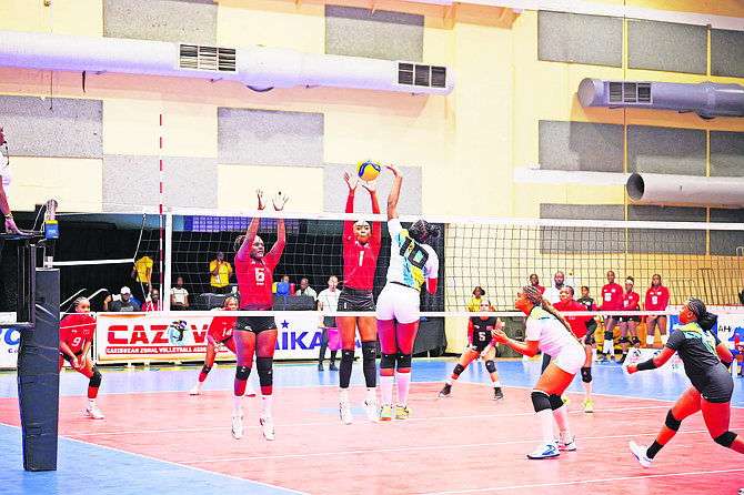 The Bahamas’ senior women’s national volleyball team lost to Trinidad and Tobago with a score of 3-0 in the CAZOVA Senior Volleyball Championships yesterday. 
                                                                                                                                                                                                                                                              Photos: Chappell Whyms Jr