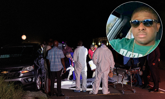 Police at the scene on Munnings Road where Duran ‘Monster’ Neely (inset) was shot to death on Monday. Photo: Dante Carrer/Tribune Staff
