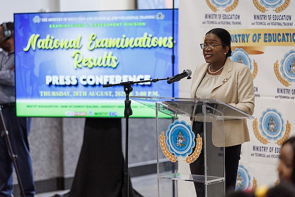 Director of Education Dominique McCartney-Russell speaks during a press conference to announce the national examination results at the Ministry of Education on August 28, 2025. Photo: Dante Carrer/Tribune Staff