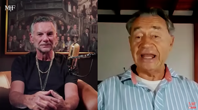 Carlos Lehder (right) during a YouTube interview with former mobster Michael Franzese that aired on August 22, 2025.