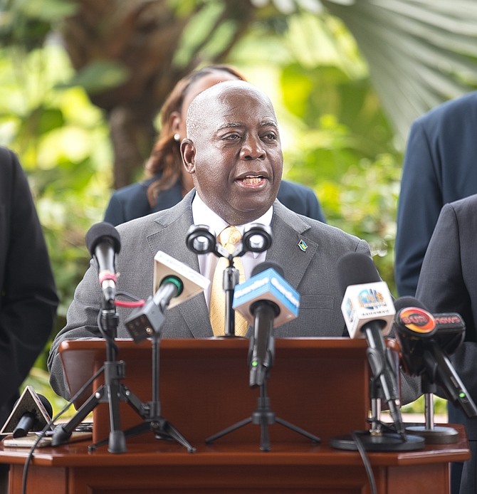 Prime Minister Philip “Brave” Davis speaks at a ceremony at the Office of the Prime Minister to mark six years since Hurricane Dorian ravaged Abaco and Grand Bahama on September 2, 2025.