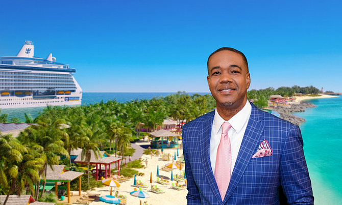 Royal Caribbean Group president Philip Simon (inset) and a rendering of its Royal Beach Club on Paradise Island.